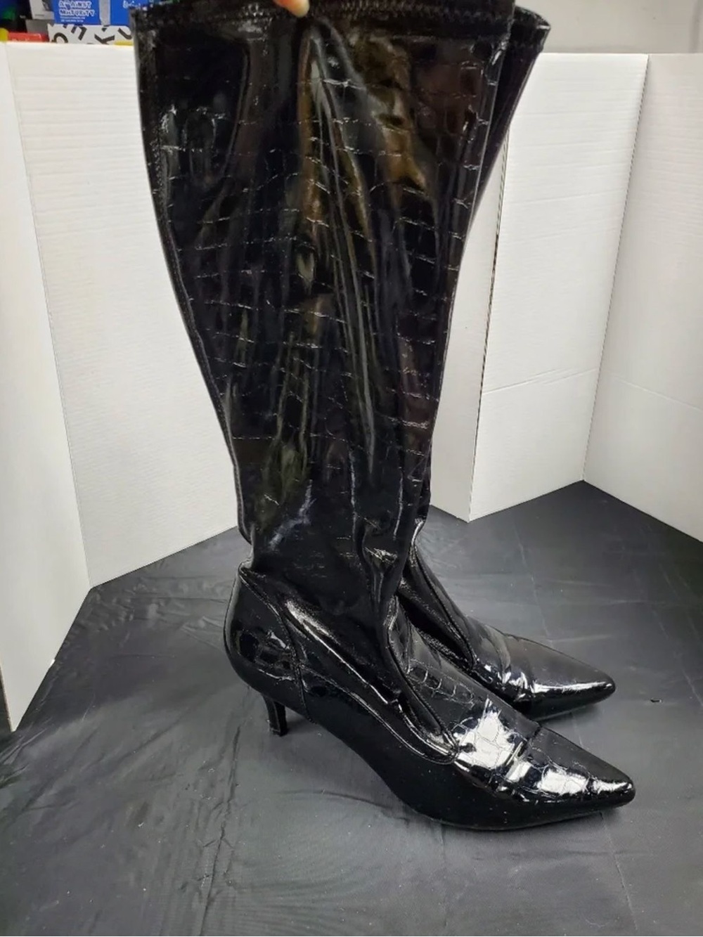 Women’s Nine West Black Patent Croc-Embossed Over-the-Knee Boots